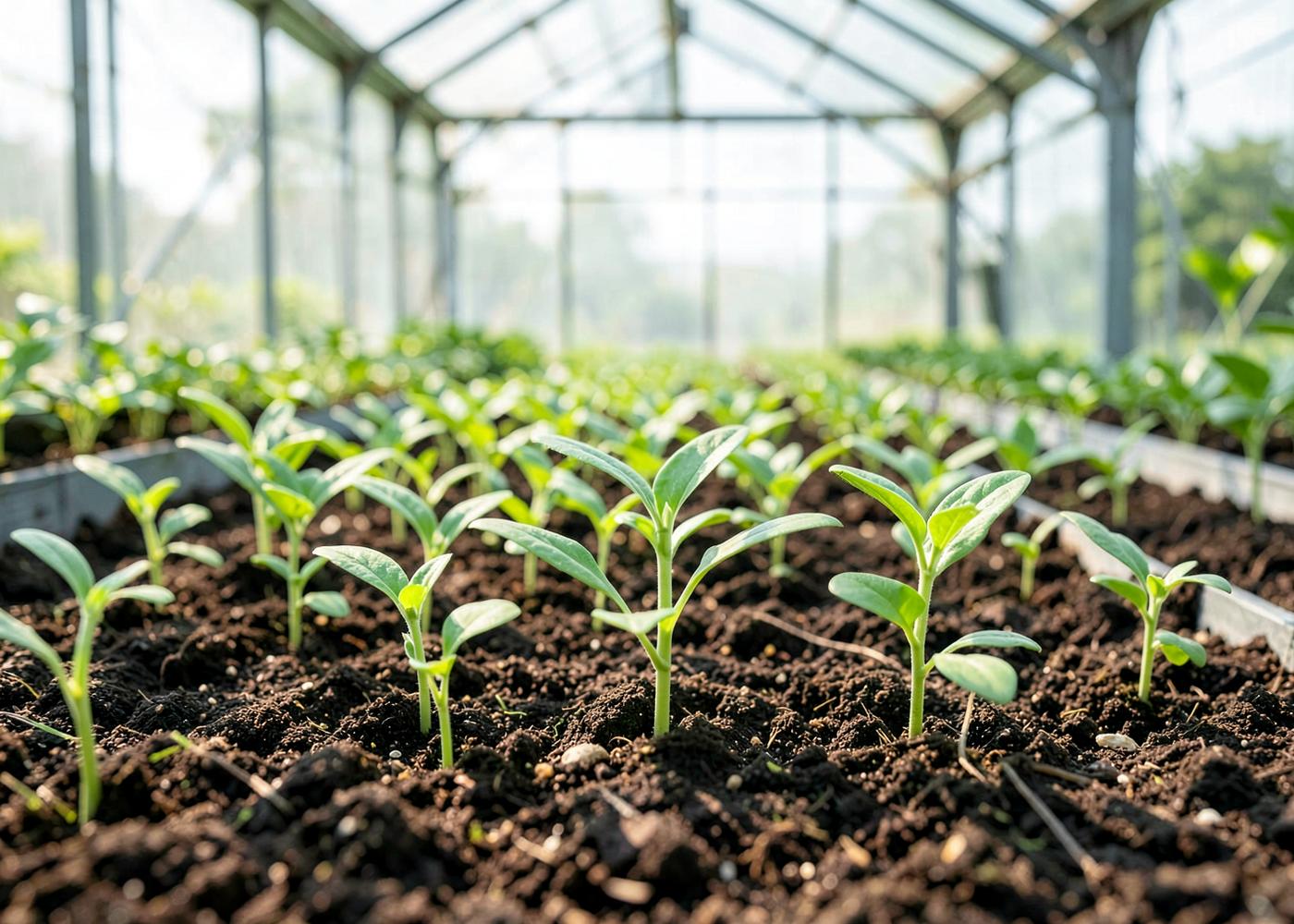 Jeunes plants en croissance sous serre
